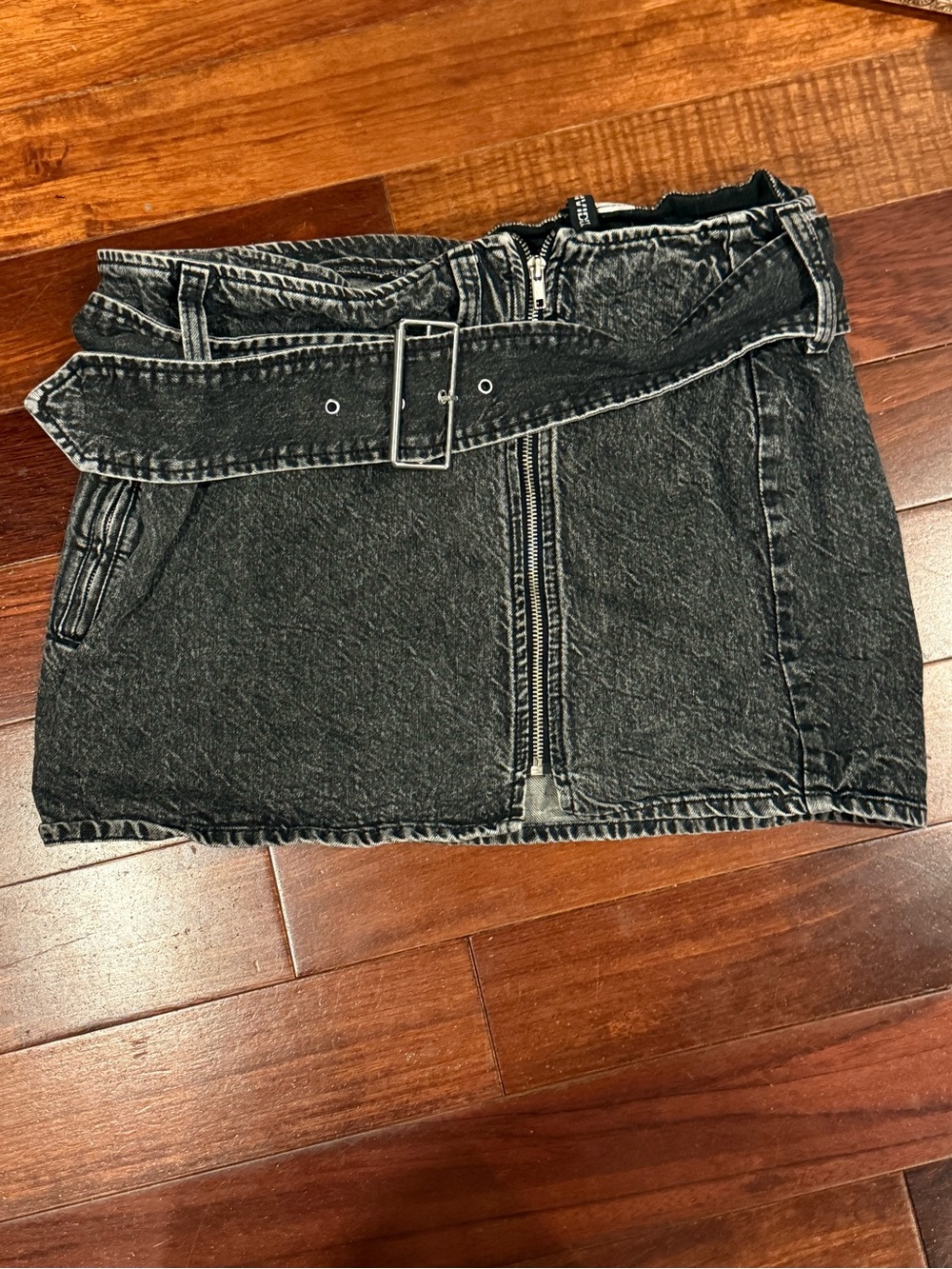 Black Washed Denim Mini Skirt with Belt Detail